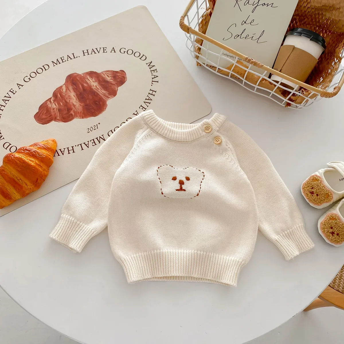 

Korean Style Long-sleeved Round Neck Knitted Shoulder Buckle Bear Warm Sweater Baby Autumn and Winter Clothes