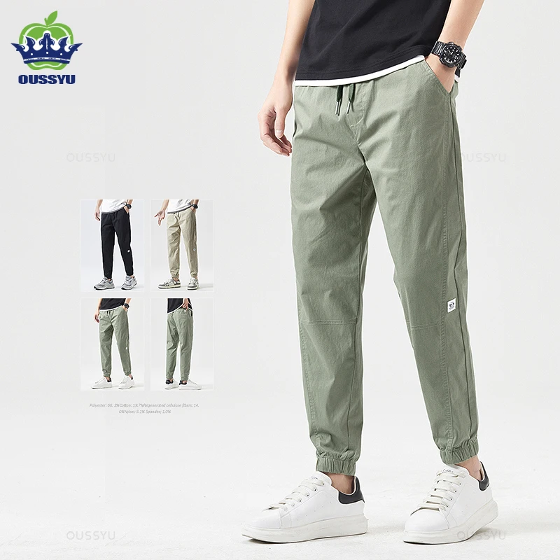 OUSSYU Brand Spring Summer Cotton Ankle Length Pants Men Thin Drawstring Cosy Korean Solid Color Lightgreen Casual Harun Trouser