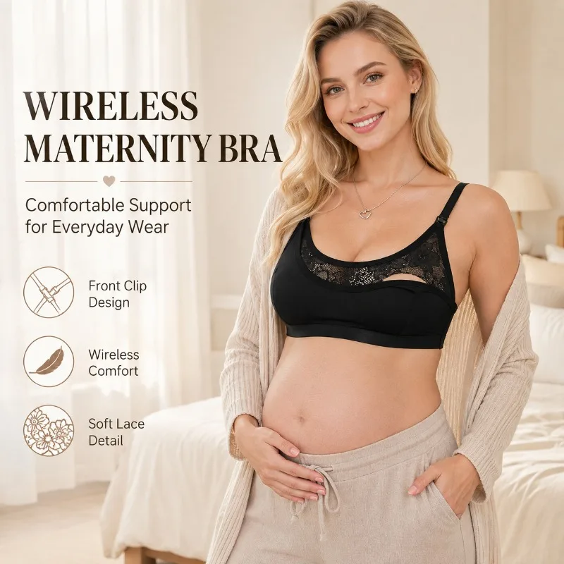Women's Nursing Bra Wireless Lace Maternity Breastfeeding Bra Front Clip Seamless Soft Support Adjustable Straps Underwear