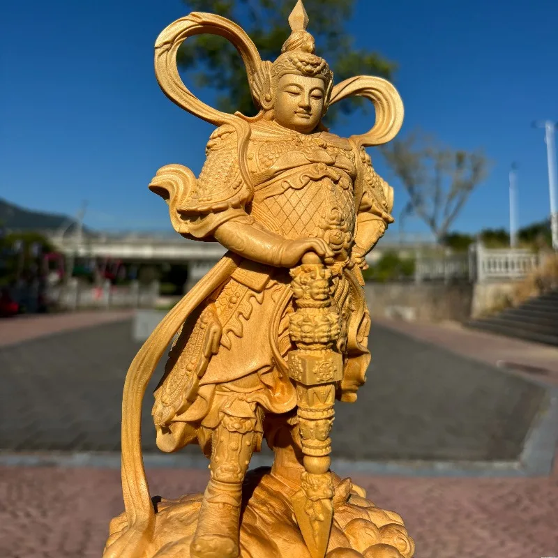 Hand-Carved Hinoki Wood Weituo Bodhisattva Statue - 10.2