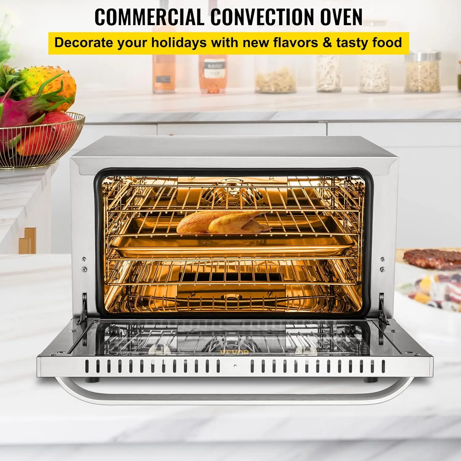 Commercial Convection Oven, 47L/43Qt, Half-Size Conventional Oven Countertop, 1600W 4-Tier Toaster  Wire Racks Clip Gloves, 120V