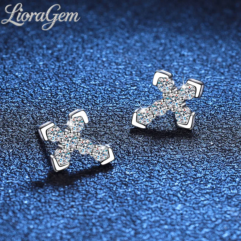 

LioraGem Women's Full-Diamond Cross Stud Earrings, Trendy and Unique 36-Point Moissanite Stud Earrings Platinum PT950 Stamp