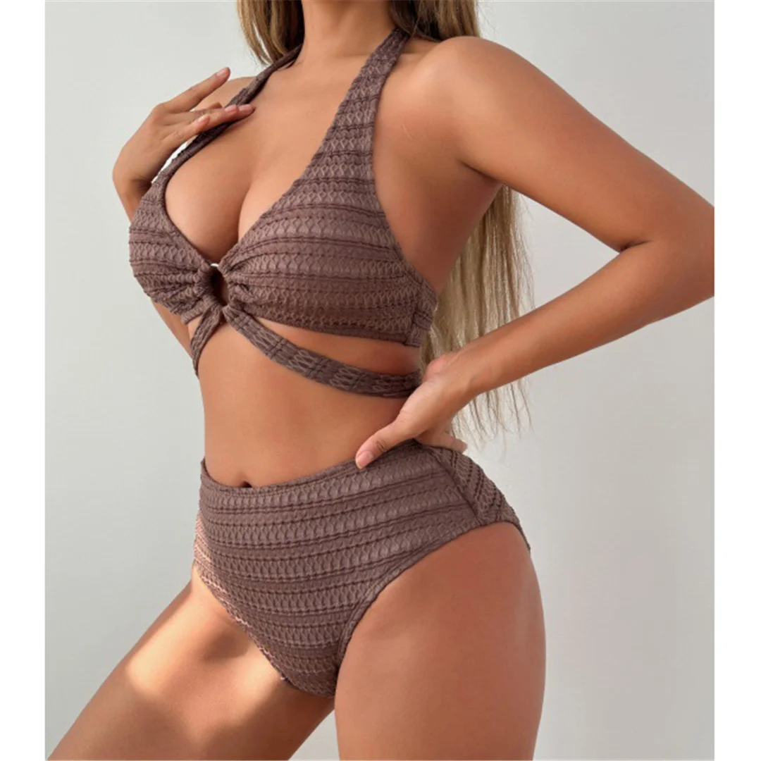 S - XL Neuer, geraffter Neckholder-Badeanzug für Damen, Bikini mit hoher Taille, zweiteiliger Bikini-Set, Badebekleidung, Badeanzug, Schwimmbekleidung V7481 – Detail 5