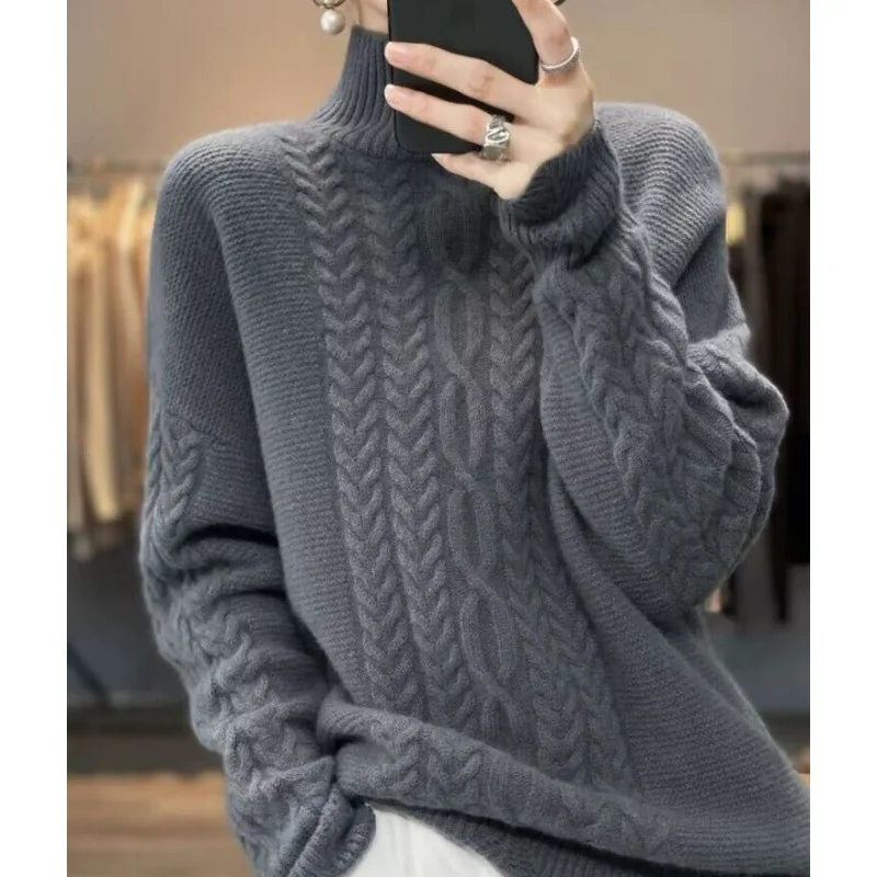 Autumn and Winter Women\'s Solid Turtleneck Long Sleeve Loose Over Size Pullover Knitted Sweater Fashion Casual Office Lady Tops