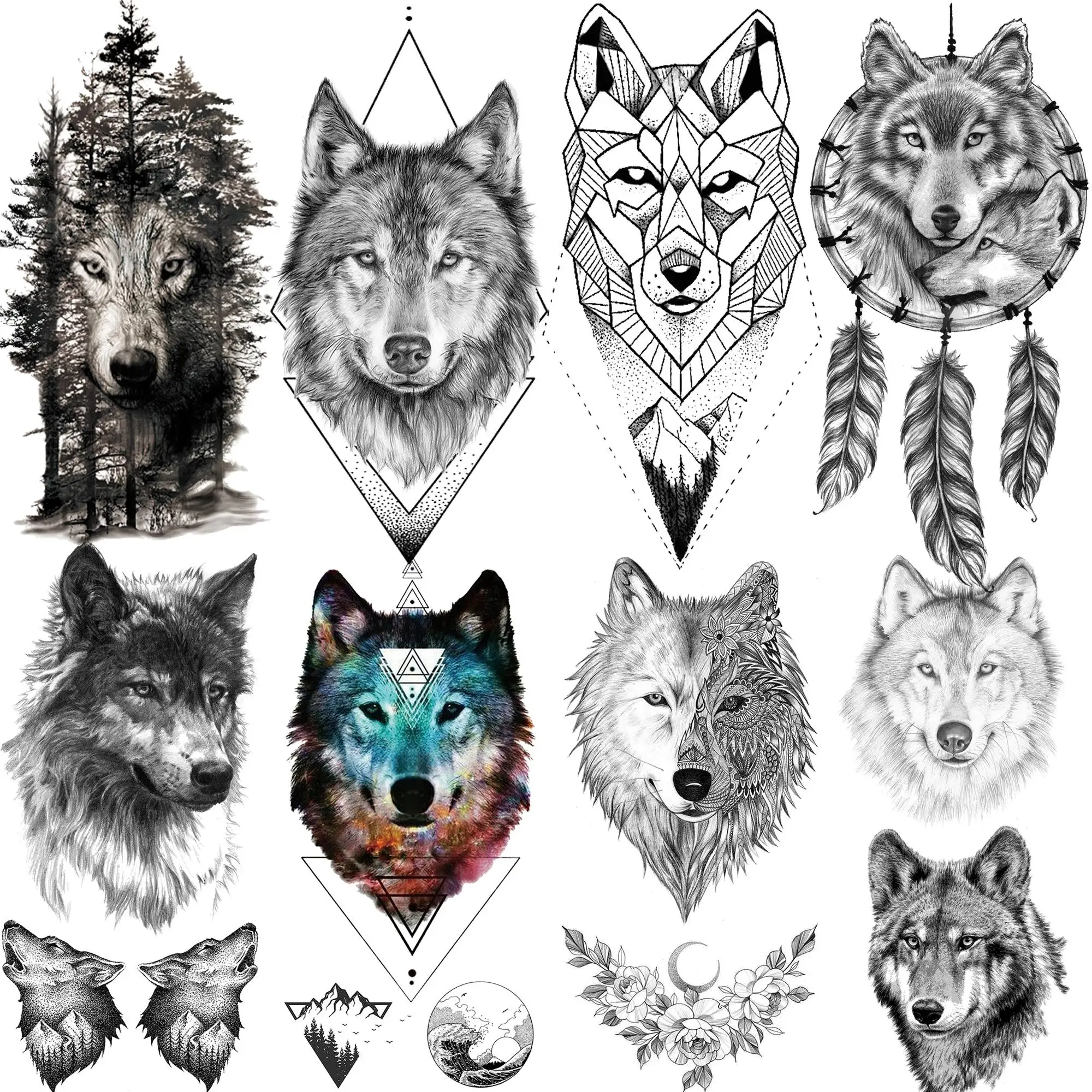 

8 Sheets 3D Tribal Wolf Temporary Tattoos For Women Men Arm Fake Tattoo Sticker Realistic Coyotes Forest Geometric Wolf Tatoos