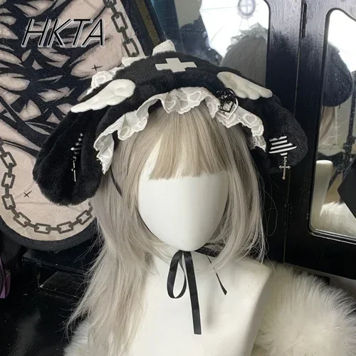 Autumn Winter Rabbit Ear Hair Band Subculture Women Girls Lolita Headdress Cute Lace Plush Hair Accessories Mine Series Hairband