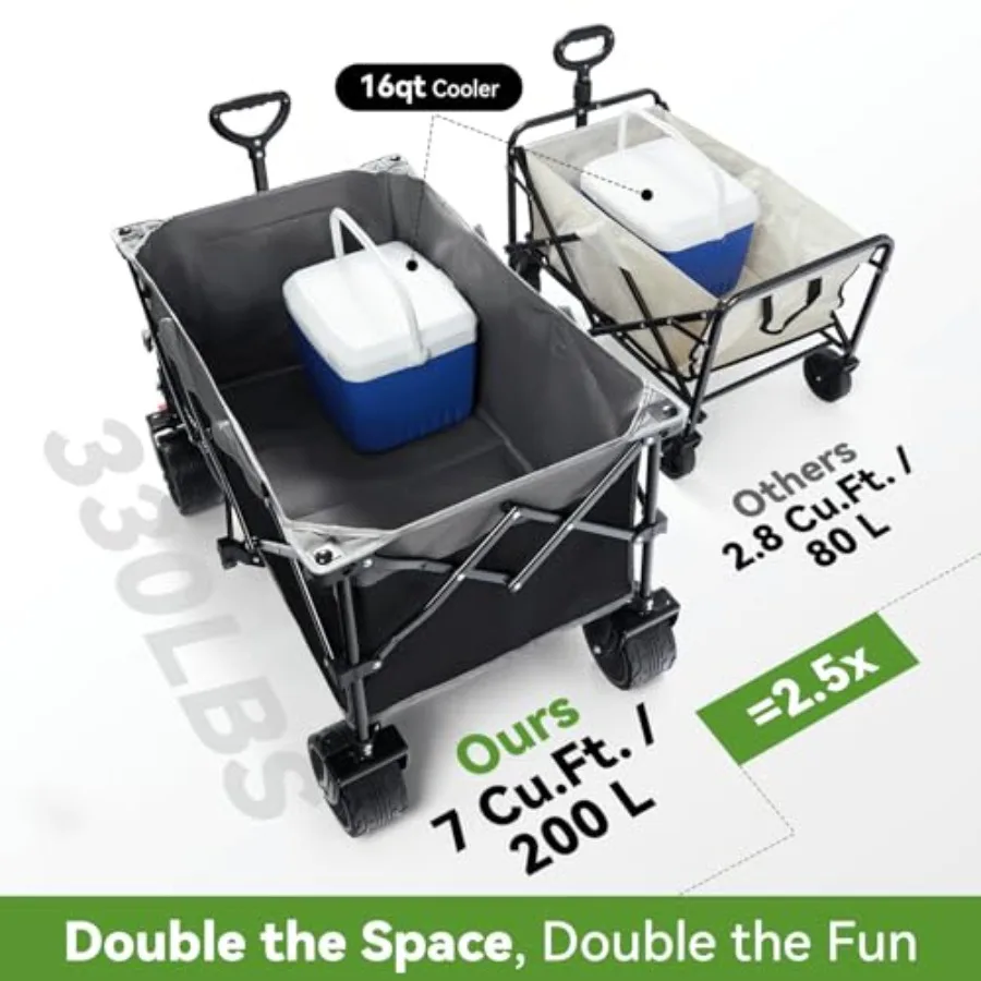 Beach and garden use: heavy-duty steel, black, 330lbs capacity, collapsible with big sand wheels and brakes