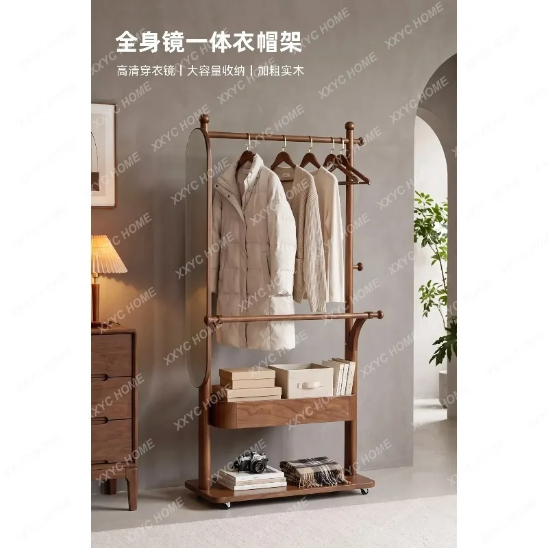 XX Full Length Mirror With Coat Rack Solid Wood Mobile Multifunctional Bedroom Floor Standing Clothes Hanger