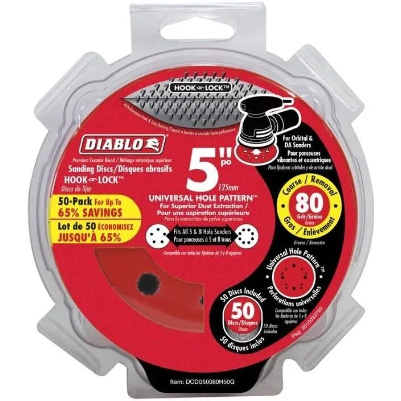 Diablo Hook and Lock ROS Sanding Discs for Wood, Metal and Plastics  5", 80 Grit, Coarse, Ceramic Blend, 50Pack DCD050080H50