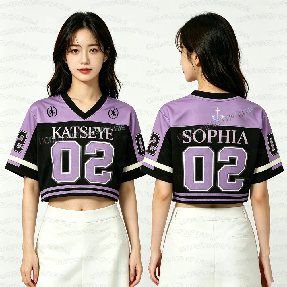 Sommer Damen Streetwear Yoonchae Lara&Sophia Daniela Fans Cheerleader Crop Top T-Shirt KATSEYE Konzert Unisex Trikot – Detail 8