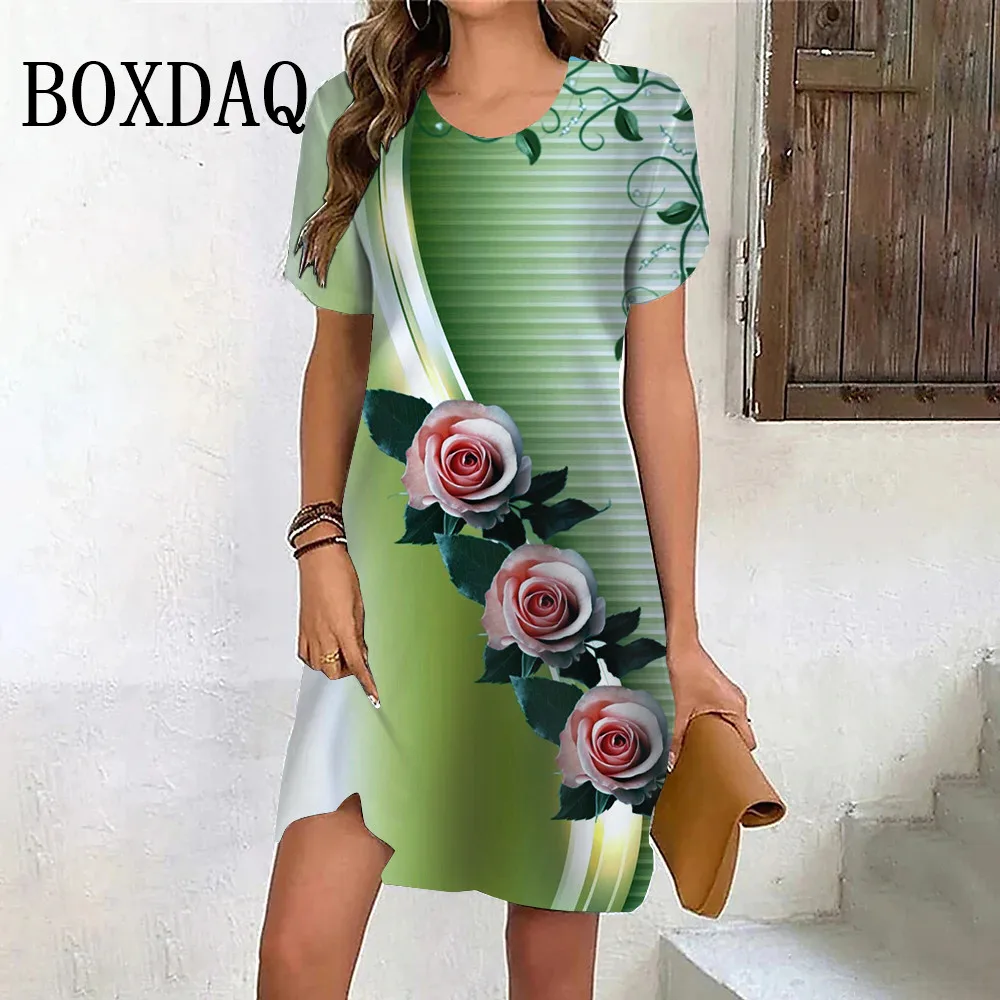 

Women Summer Sundress Floral 3D Printed Dress Short Sleeve O-Neck Mini Dress Women Casual Fashion Gradient Street Dresses Women