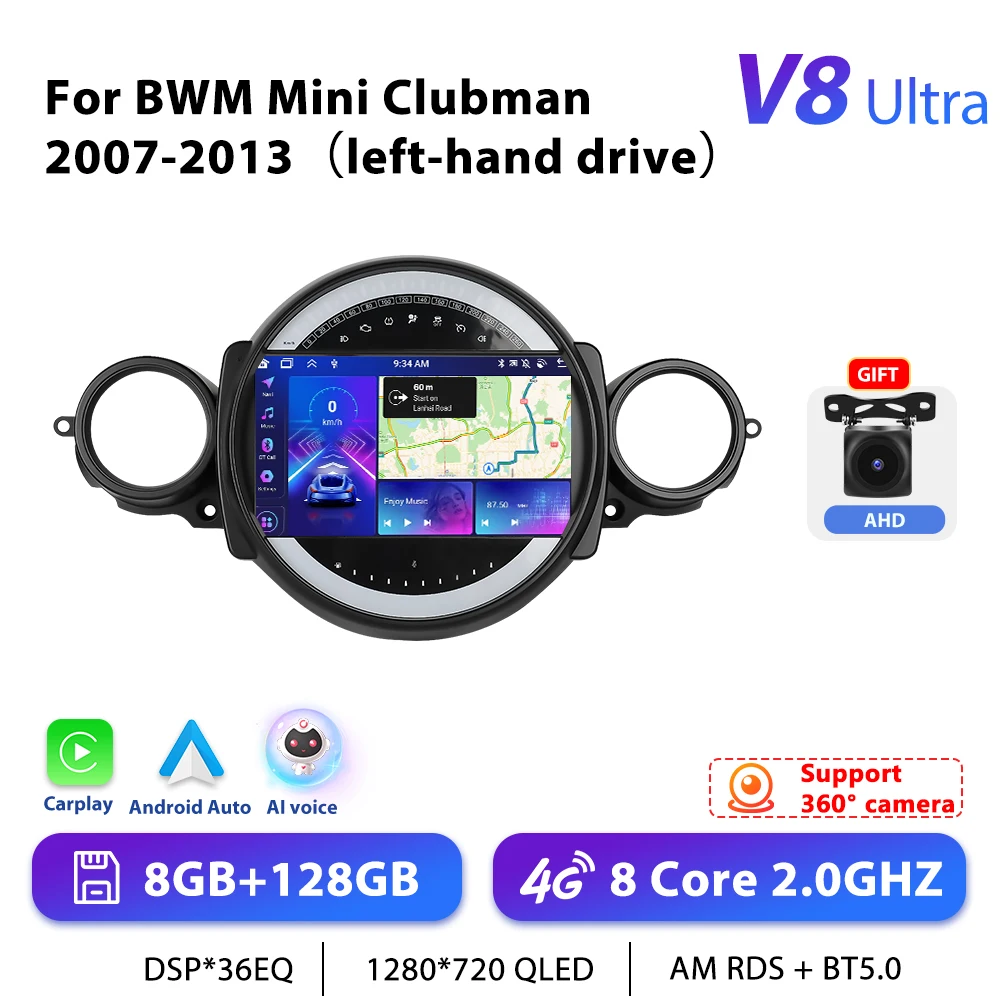 Podofo 9 "Autoradio Draadloze CarPlay Android Radio Voor BMW Mini Clubman 2007-2013 Multimedia GPS 4G WIFI Auto Intelligente Systemen - afbeelding 1