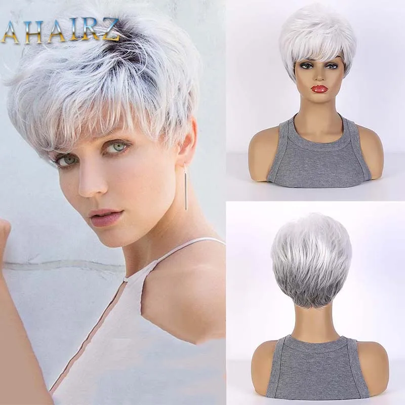 Synthetic  Short Mixed Gray White Wigs for Women Layered Pixie Cut Wigs with Bangs Wigs for White Women Fake Hair