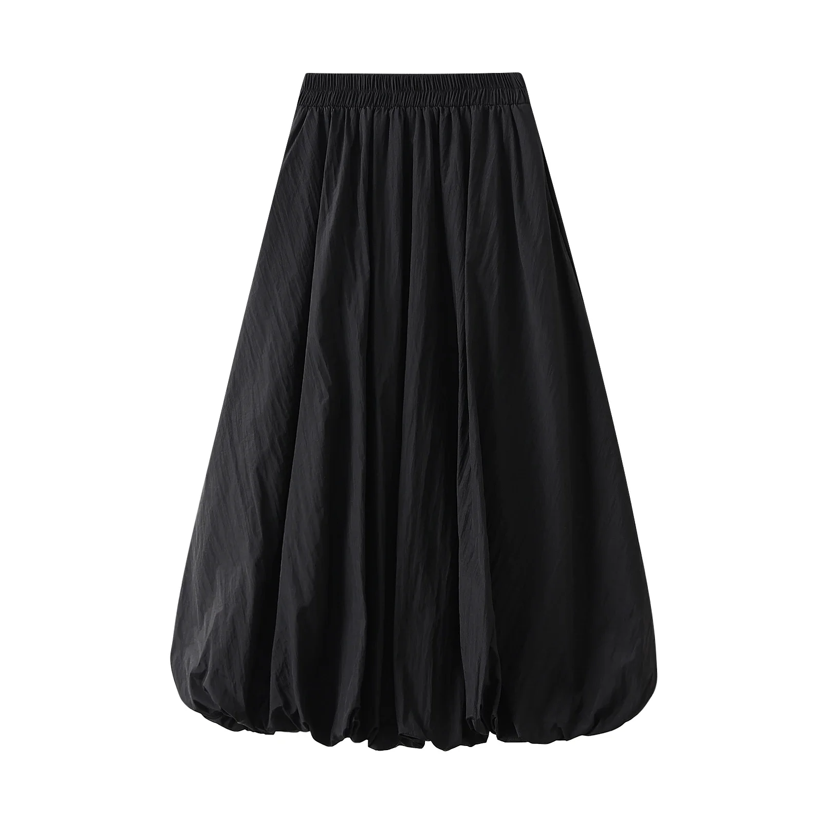 Combhasaki Women's Elegant Elastic High Waist Solid Color A-Line Pleated Puffball Hem Casual Flowy Balloon Bud Midi Skirts