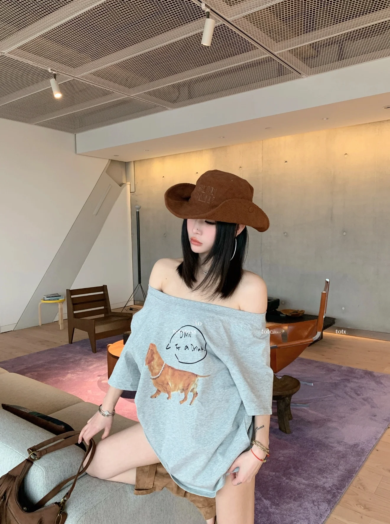 

Loose Women's ort Sve T-irt oulder Baring Dog Pattern Cotton Summer Faion Casual Comfortable Sle Fem Top