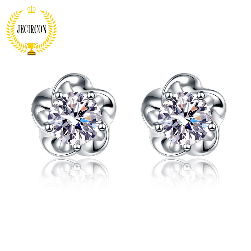 

JECIRCON 0.5ct Moissanite Stud Earrings Korean Fashion Sweet Temperament 925 Sterling Silver Plum Blossom Earrings with Diamonds