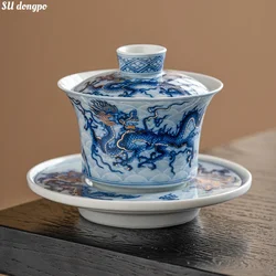 Metal Inlay Blue and White Chinese Dragon Gaiwan Single Ceramic Kungfu Tea Set Tea Making Bowl Three Parts