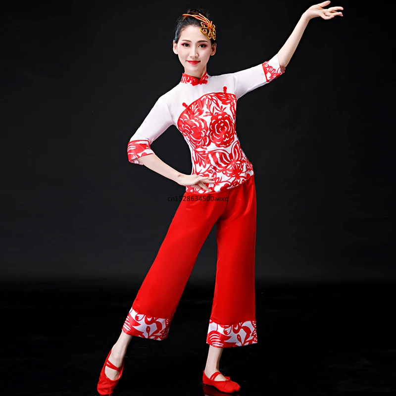 Roupas Yangko tradicionais para mulheres, roupas dancewear nacionais para performance, roupas clássicas, dança chinesa do fã, bailarina do festival