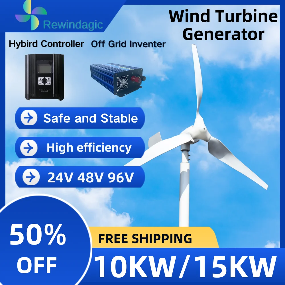 

High Quality Windmill 15KW 10KW 96V 48V 24V 3 Blade Horizontal Axis Permanent Maglev Generator PV With Mppt Charge Controller