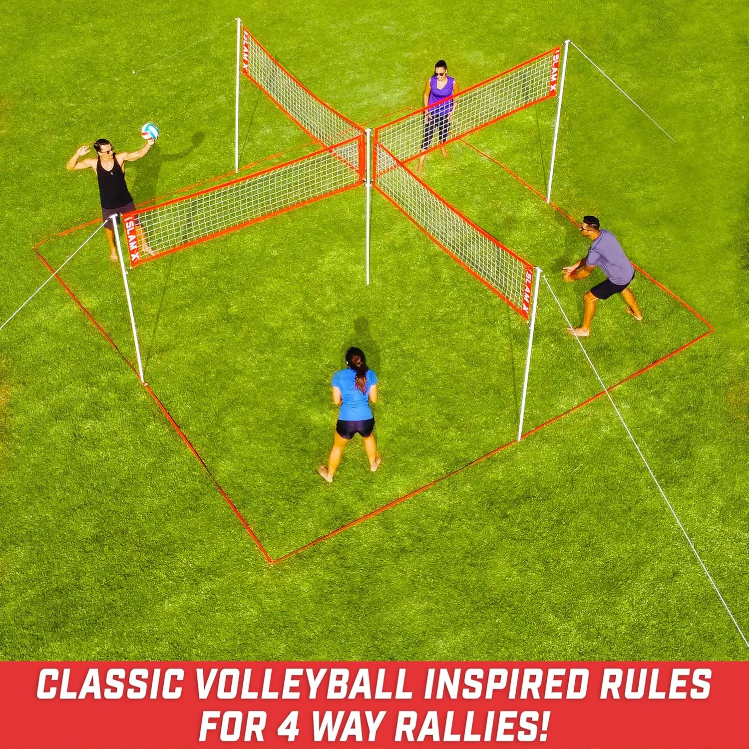 Slam X 4 Square Volleyball Game Set - Ultimate Backyard & Beach Game for Kids and Adults - 14 ft or 21 ft