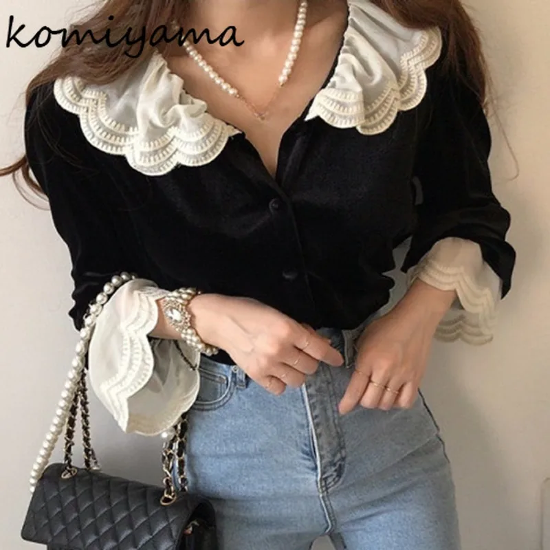 Lace Peter Pan Collar 2024 Woman Shirts & Blouses Velvet Blusas Flare Long Sleeve Camisas Niche Ropa Mujer Spring Autumn Tops