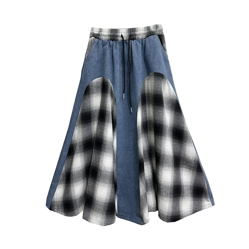 Denim Women Skirts Plaid Spliced Skirt Patchwork A Line High Waist Drawstring Ankle Length Loose Office Lady Casual 2025 Autumn