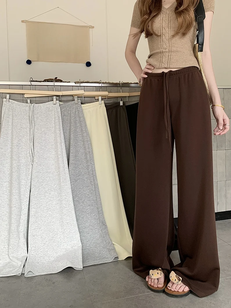 

Casual Straight Leg Pants Women's Summer 2026 Drawstring Elastic Waist Floor-Length Trousers Versatile Wide Leg Pants