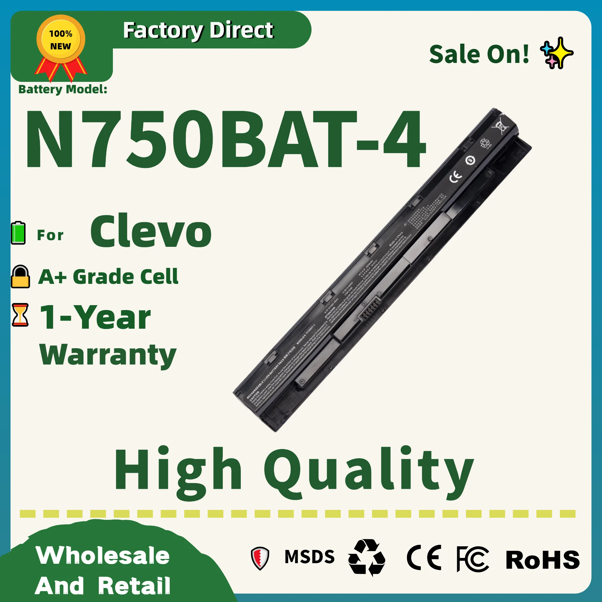 Factory Direct! N750BAT-4 6 Laptop Battery For Clevo N750BU N751BU N750WU N750S Series 87-N750S-31C00 6-87-N750S-4EB1 4EB2 3CF1