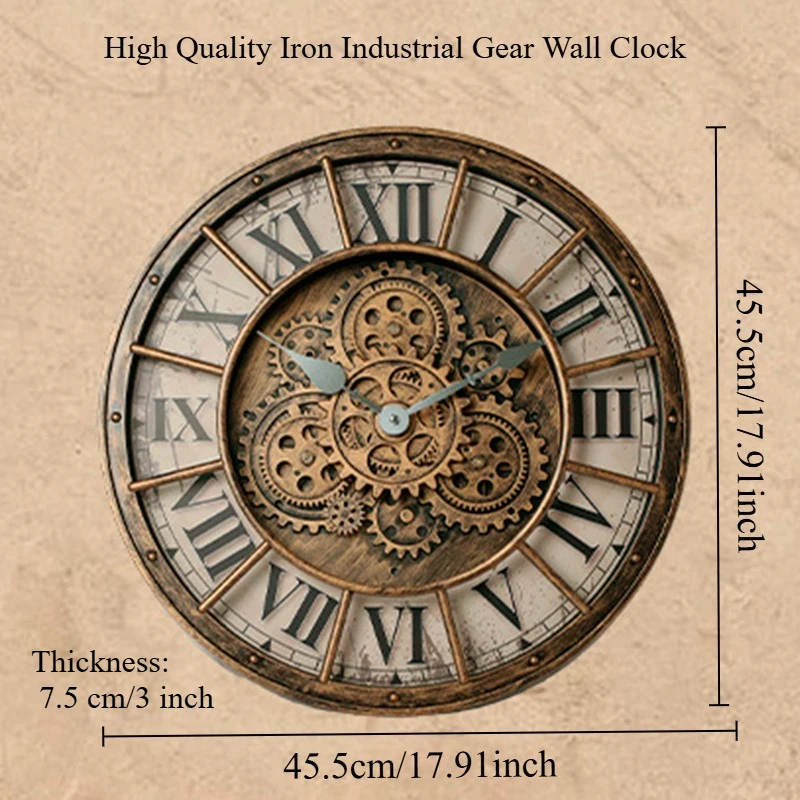 Quality Vintage Iron Wall Clock 3D Gear Rotating Wall Clock Circular Industrial Style Design Home Decoration Silent Art Clock