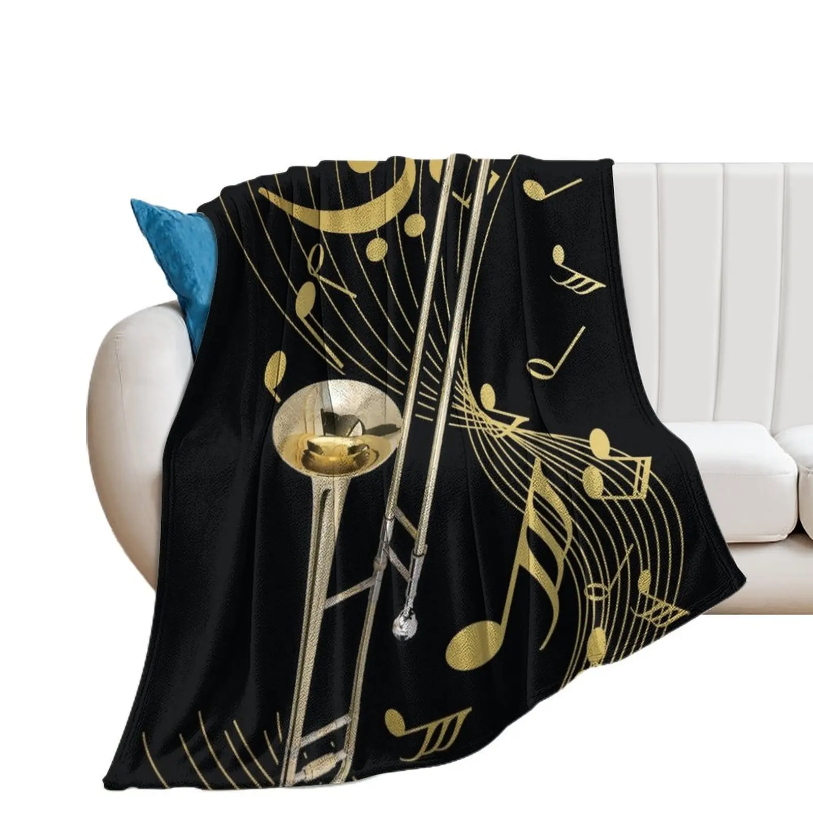 Trombone And Music Note Throw Blanket Picnic Luxury Brand Luxury Throw Blankets