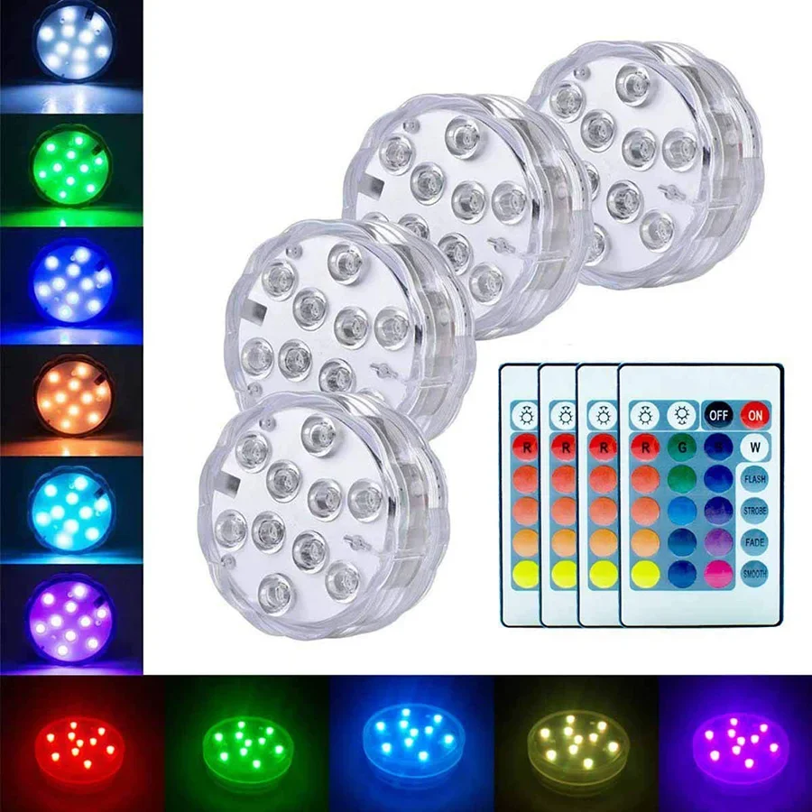 Battery Operated 10leds RGB Led Submersible Lights Underwater Night Lamp Garden Swimming Pool Lights for Wedding Party Vase Bowl