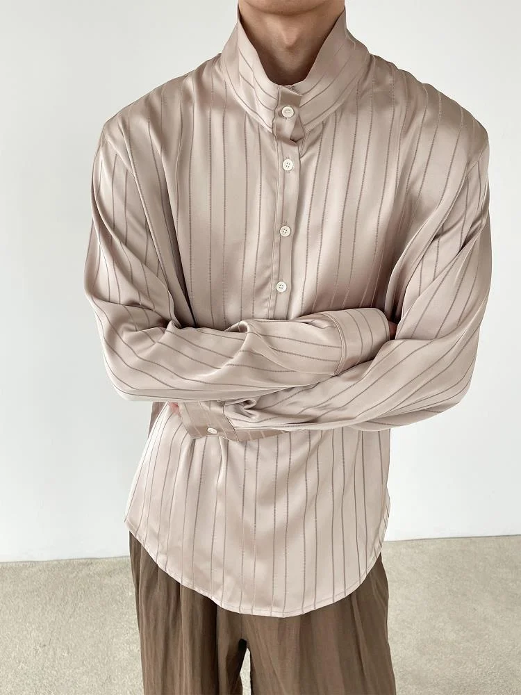 

Мужская шелковая атласная полоска в полоску Ice Sensation Long Sve irt, повседневная, свободная посадка, на пуговицах, против морщин, из полиэстера, молодежная...