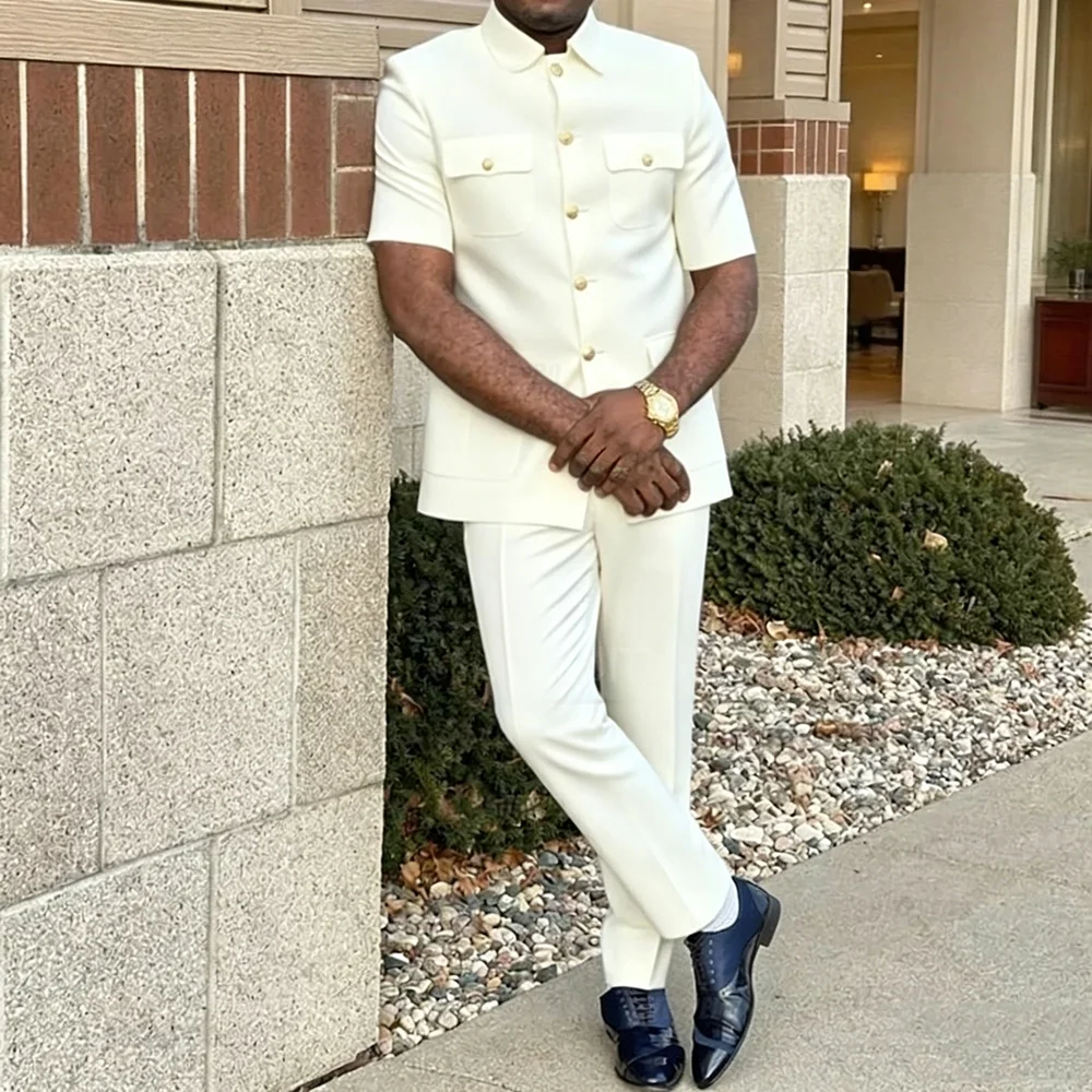 

Men's 2-Piece Suit Single Breasted Short Sleeves Blazer Pants Wedding Groom Tuxedos Casual Business Formal Fashion Trousers