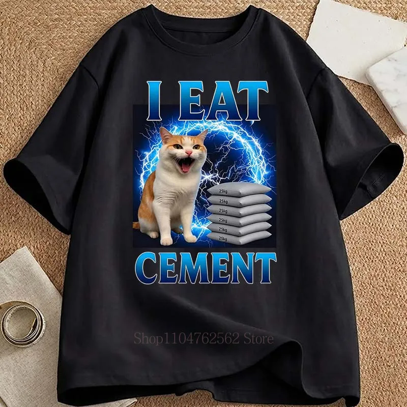 I Eat Cement Cat Pattern Print T-shirts for Men Women Summer Casual Fashion Funny Cute Tops Crew Neck Short Sleeve Cotton Tees