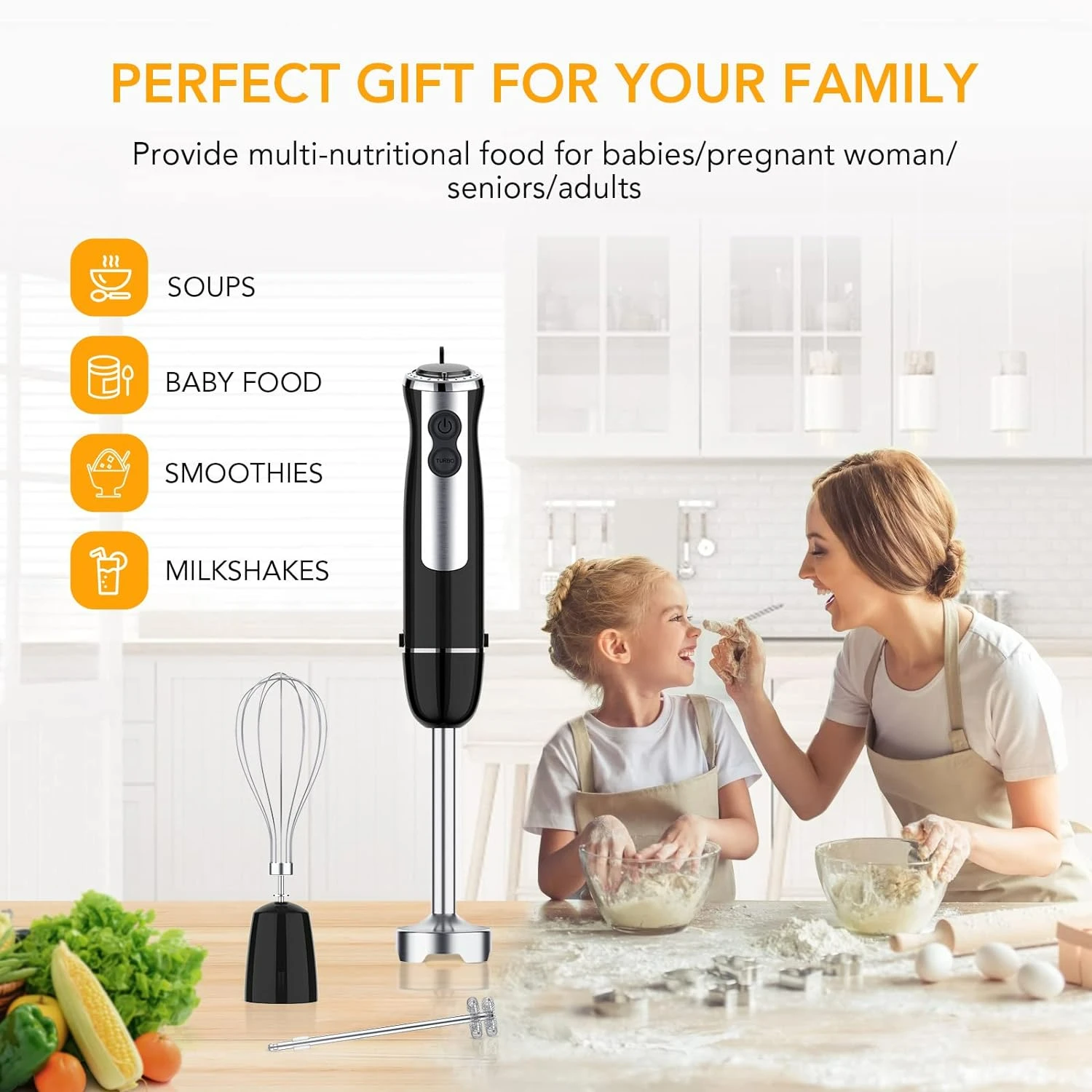 Powerful BPA Free 800W 5 in 1 Hand Blender with 12 Speed & Turbo Mode for Smoothies, Soup, Sauce - Includes 600ml Mixing Beaker,