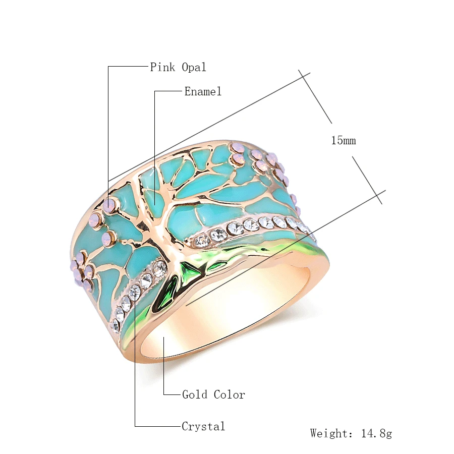 Milangirl Lucky Flower Tree Rings Fashion Pink Opal Green Enamel Wide Ring For woman Party Crystal Vintage Jewelry