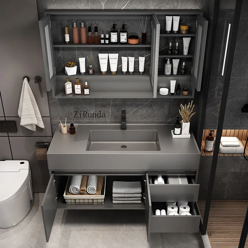 Light luxury bathroom cabinet mirror cabinet combination simple modern rock integrated wash basin