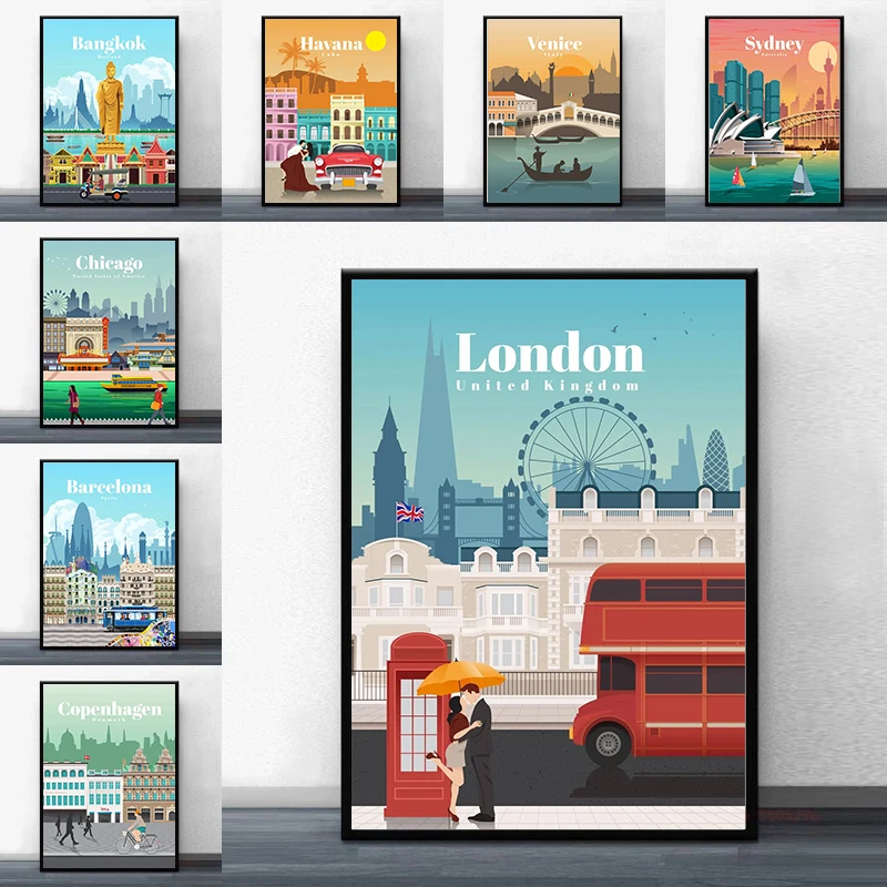 Modern Famous City Tourism Wall Art Poster Cartoon Melbourne Havana London Landscape Canvas Painting Living Room Home Decoration