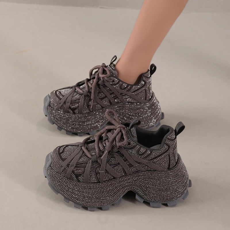 7.5cm New Fashionable Starry Sky Water Diamond Thick Bottom Dad Sneakers Women's Strap Style Breathable Luxury Rhinestones Shoes