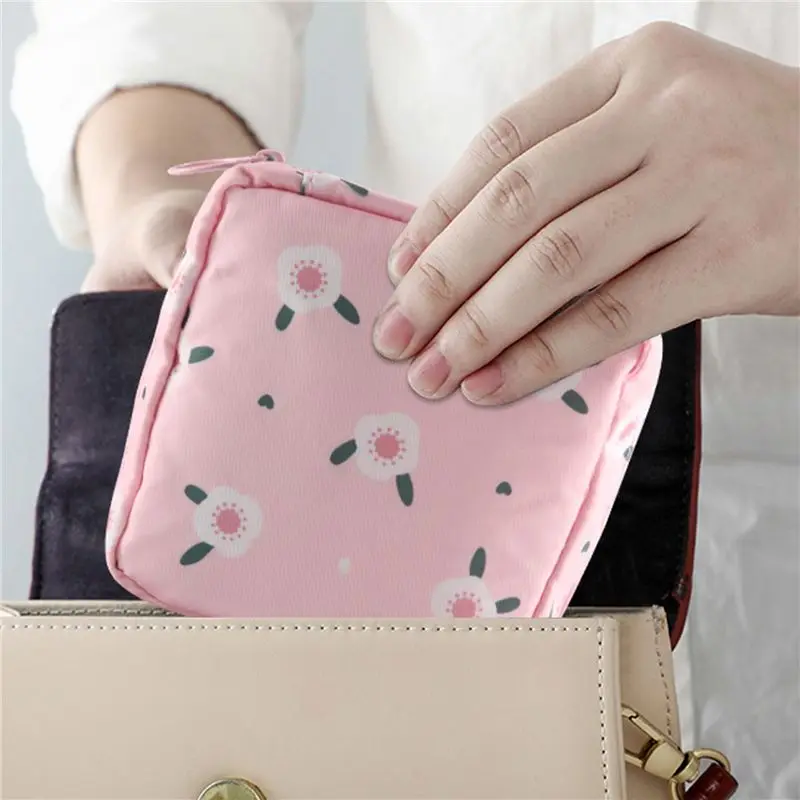Hot kf-1PCS Mini Makeup Bags Zipper Girl Sanitary Pad Bag Card Holder Coin Purse Cosmetics Headphone Case Sanitary Pouch Pink