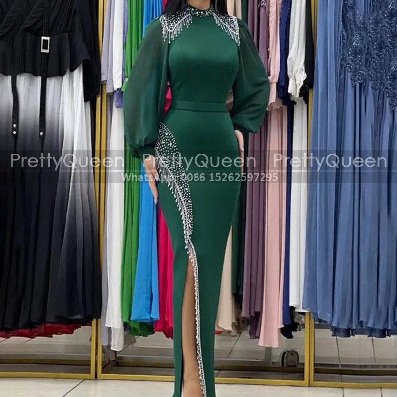 Customized Beaded Tassel Mother of the Bride Dresses With Long Sleeves Mermaid Side Slit Sheath Prom Dress Party Formal