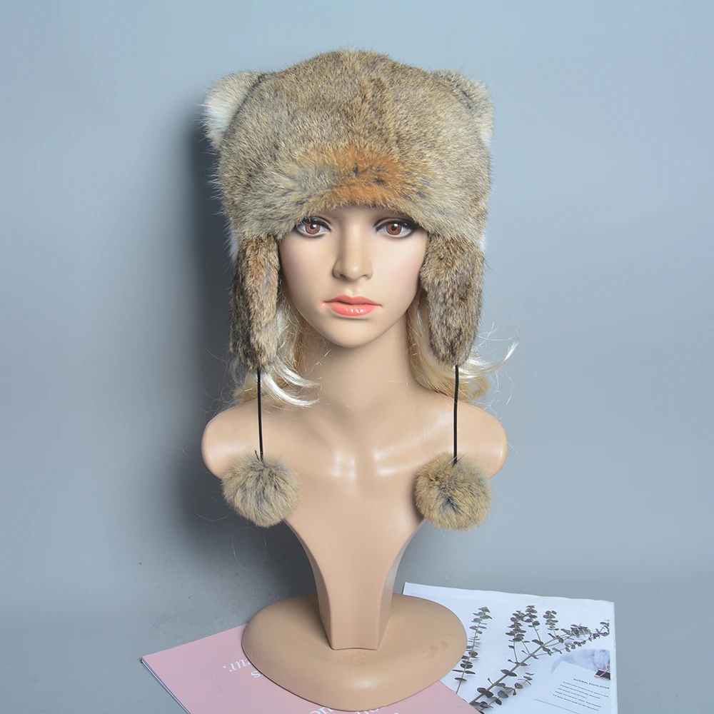 NEW Women Winter Warm Real Rabbit Fur Hat Snow Cap Winter Hats for Women Girls Real Fur Knit Skullies Beanies Natural Fluffy Hat