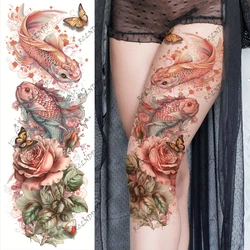 1 Chinese style auspicious double fish pink peony waterproof adult women's full arm tattoo sticker