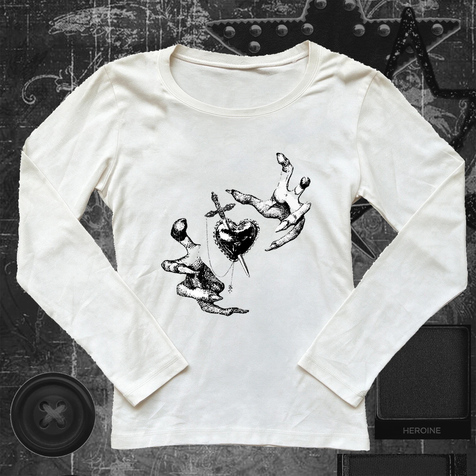 Women Gothic Long Sleeve T‑shirt Grunge Ghost Hands Dagger Sacred Heart Print Tee Y2K Alt Aesthetic Slim Fit Round Neck Tops Bla