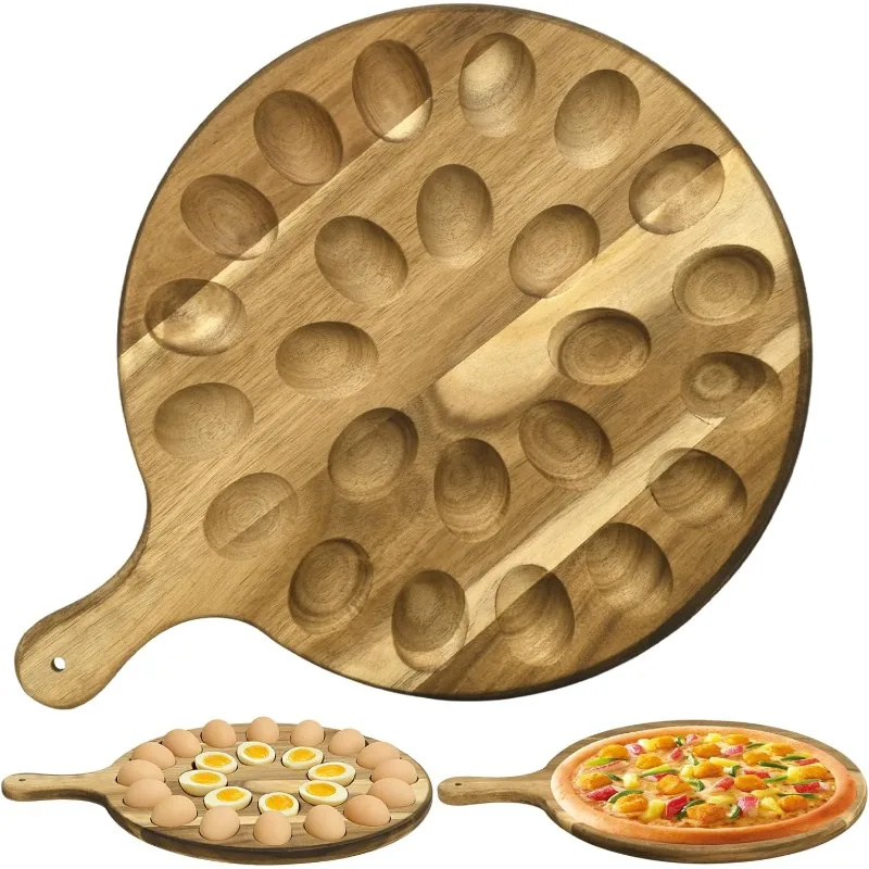 Deviled Egg Platter, 24 Slots Wooden Round Deviled Egg Tray Acacia Wood Egg Holder Serving Tray for Deviled Eggs Charcuterie Board for Kitchen Countertops