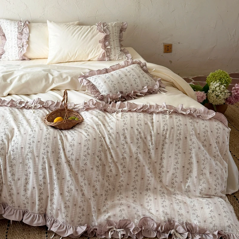 Bedroom Super Soft Washed Cotton Four Piece Set Countryside Floral Pure Cotton Duvet Cover Bed Sheet Princess Style Bedding