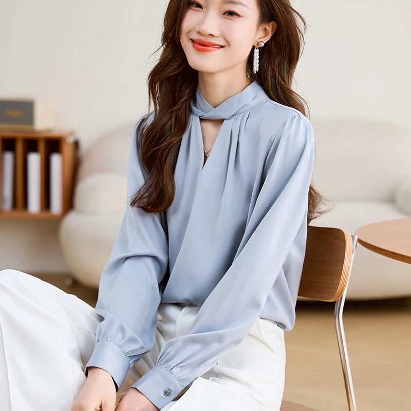 

Elegant Women Shirts Hollowed-out Bow Ribbon Blue Bow Ribbon Chiffon Blouse Office Lady Commuter Tops Autumn New Female Clothes