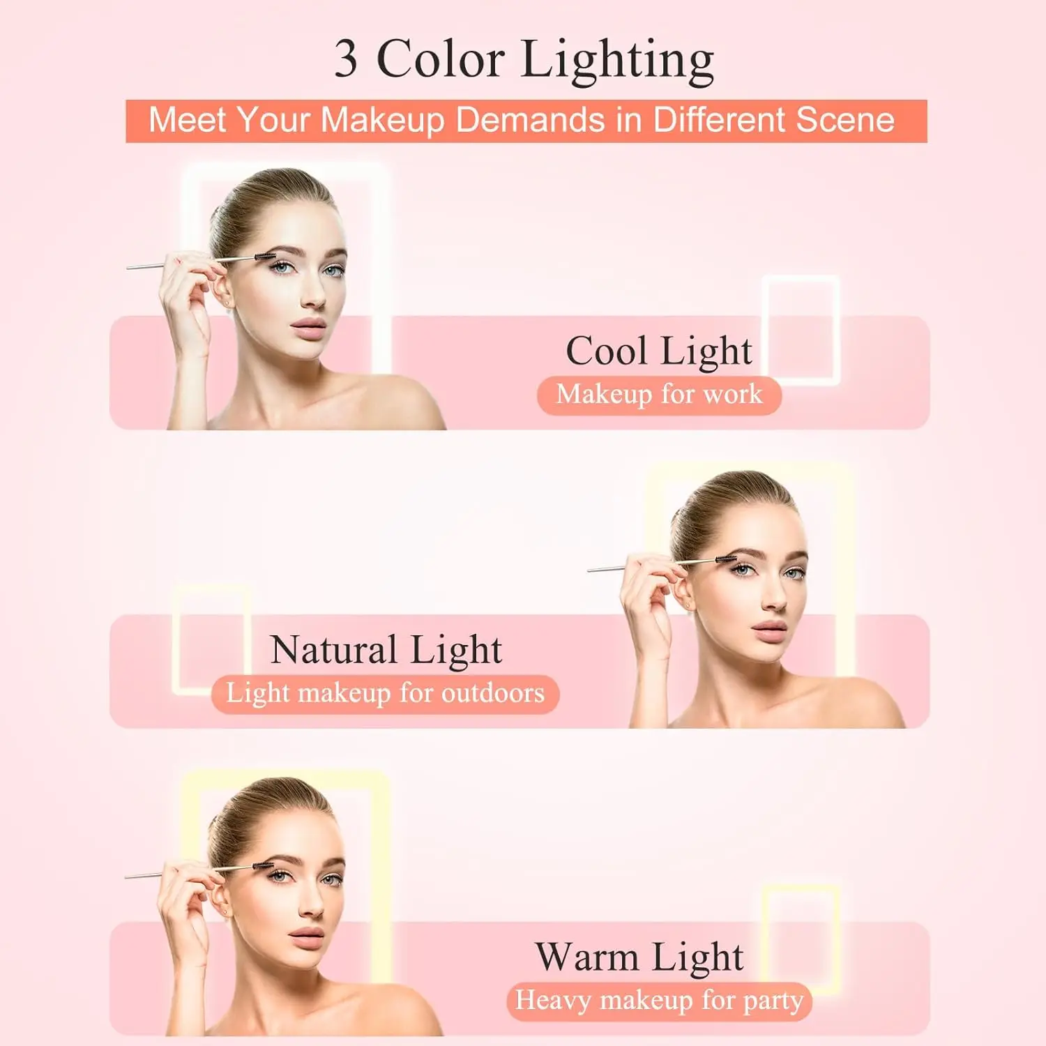 Espelho de maquiagem de viagem led 3 cores luz usb recarregável tela toque bonito portátil mesa espelho cosmético ins rosa bonito