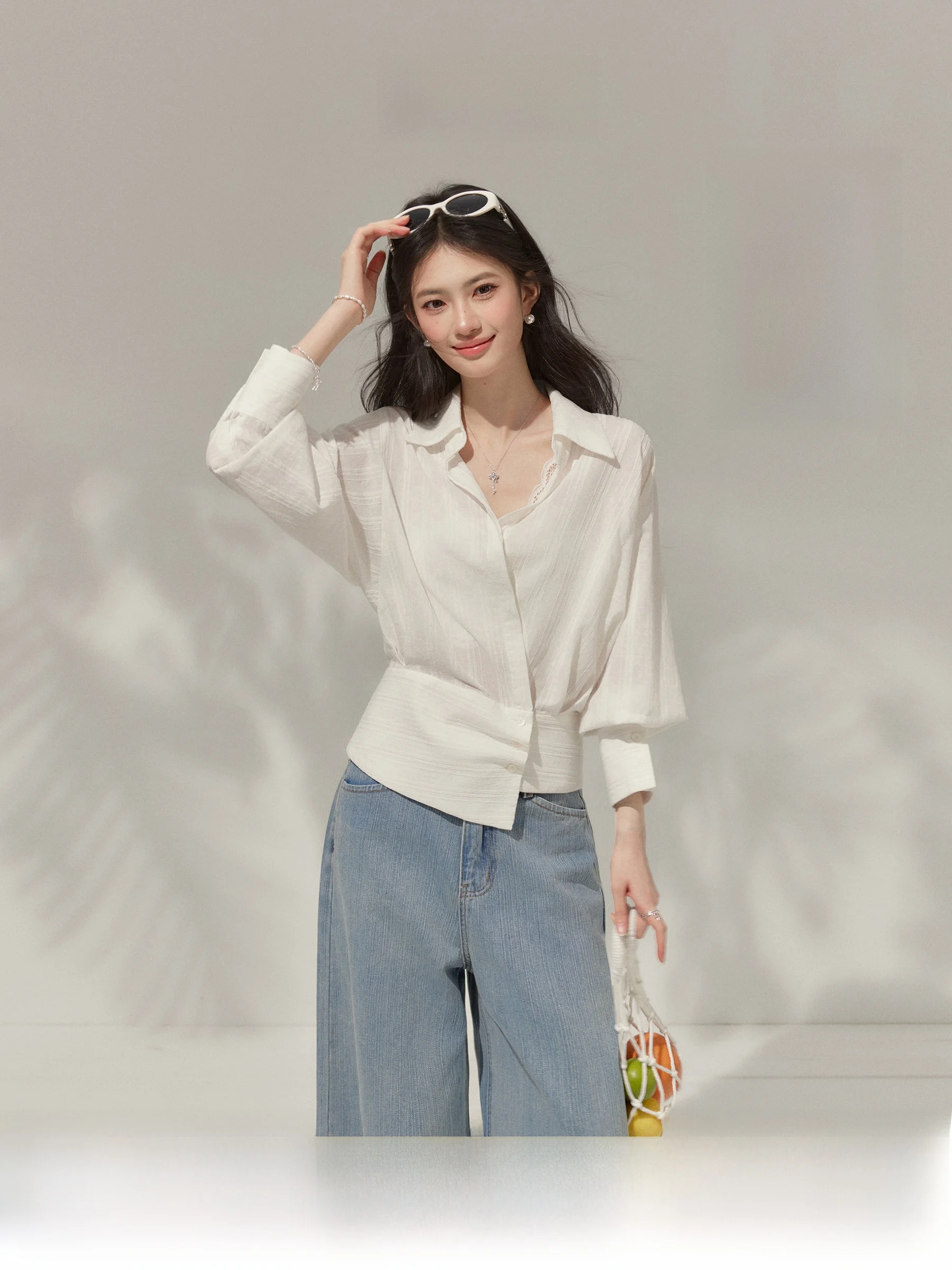 

Elegant White V-neck Batwing Sleeve Shirt Women's Spring Summer Slim Fit Casual Shirt Irregular Hemline Simple Yet Attractive