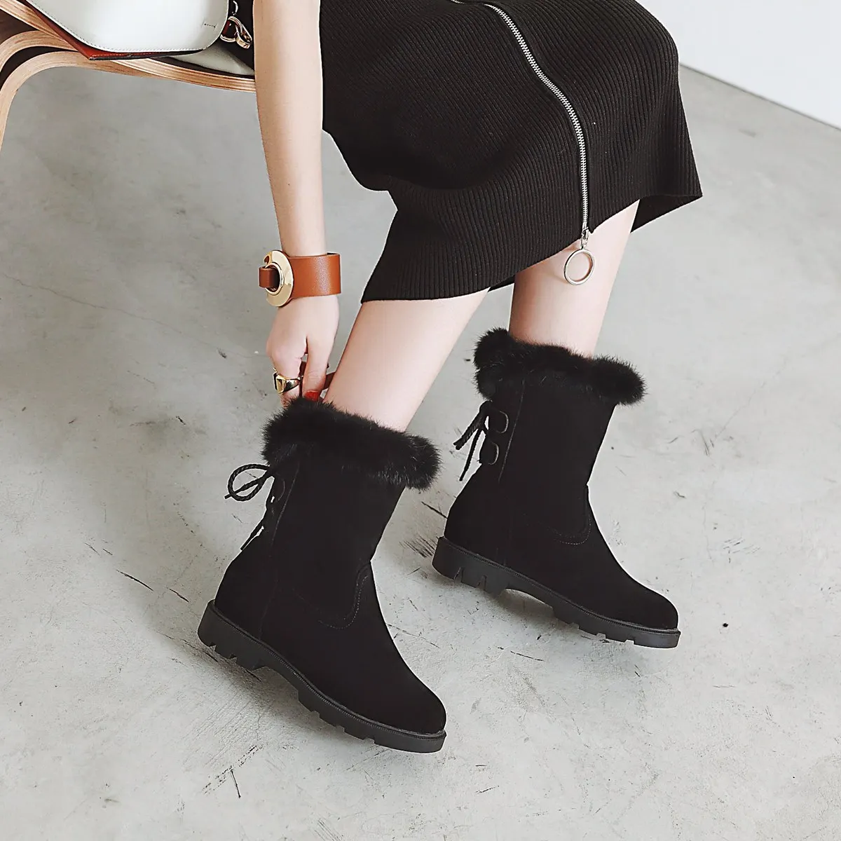 2024 new autumn winter women ankle boots plus size 22-26.5cm Microfibe round toe Lamb wool lace up warm short boots women shoes